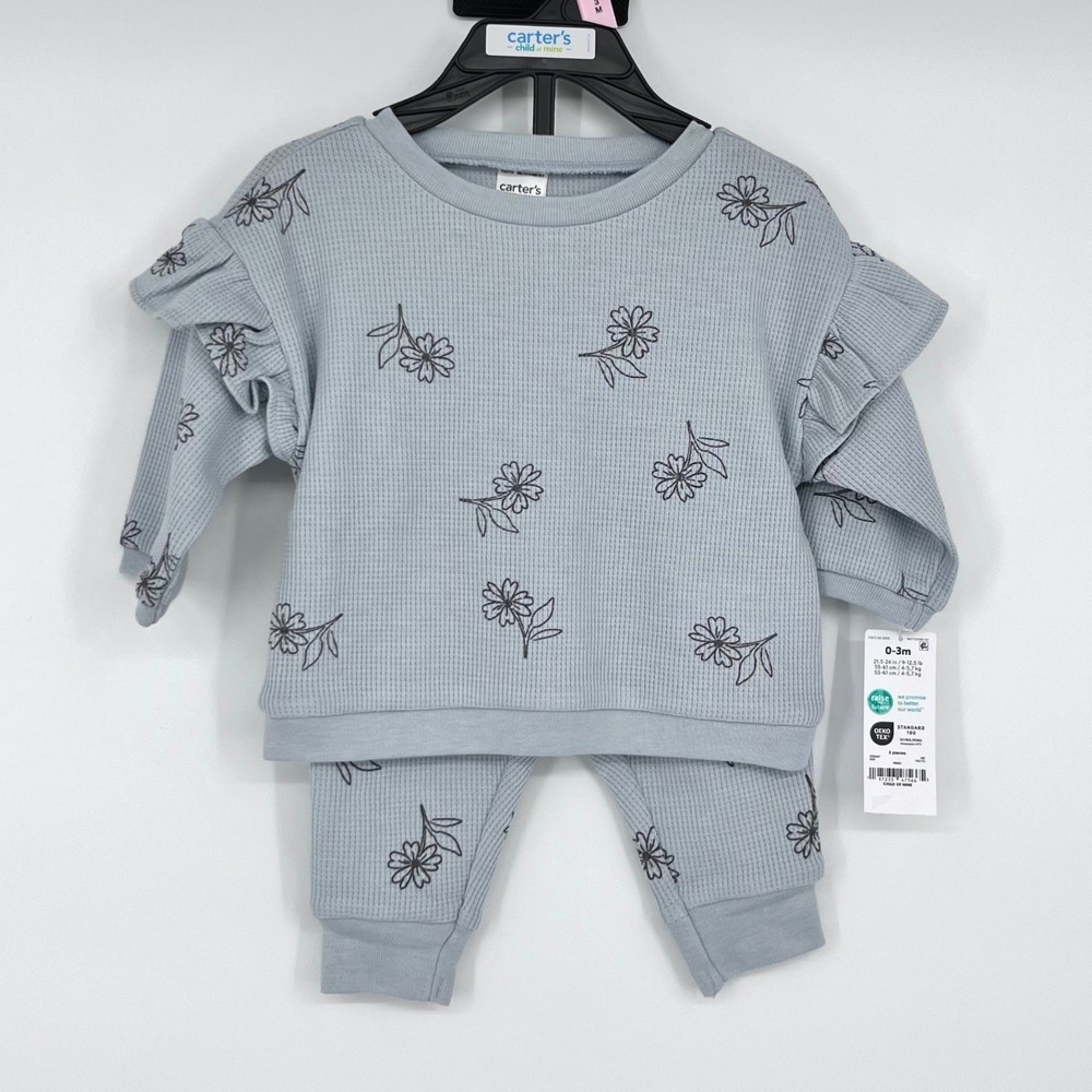 Carter's Child of Mine 2pc Set Baby Girl 0-3M Blue Waffle‎ Knit Floral Ruffle